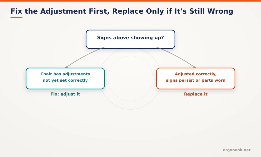 Decision flowchart for whether to adjust an office chair correctly first or replace it if problems persist after adjustment