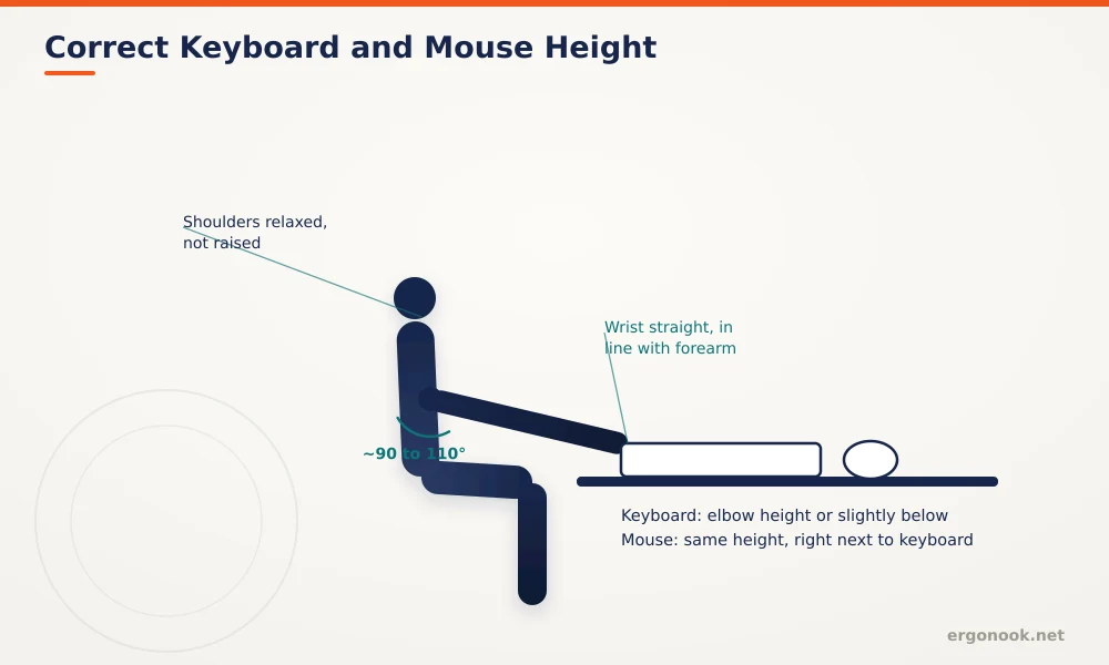 Diagram showing correct keyboard and mouse height with elbow angle near 90 to 110 degrees and wrists straight