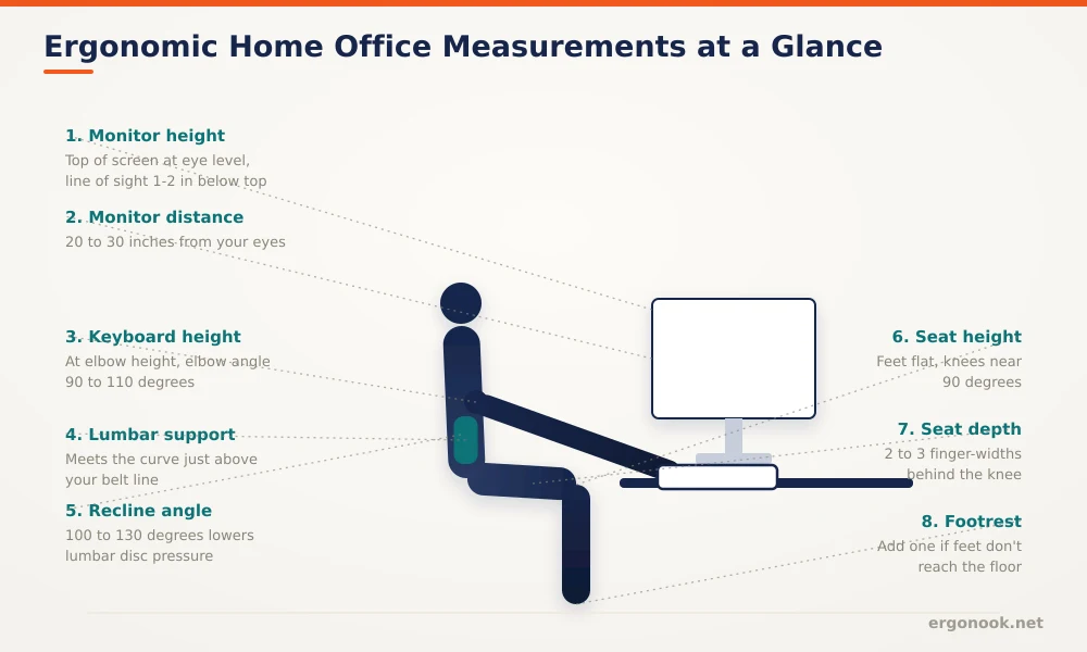Diagram showing ergonomic home office measurements at a glance, including monitor height and distance, keyboard height, lumbar support, recline angle, seat height and depth, and footrest use