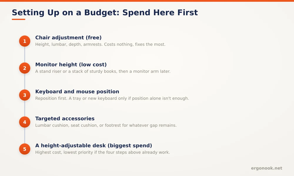 Diagram showing a five-step budget priority order for setting up an ergonomic home office, starting with free chair adjustments and ending with a height-adjustable desk