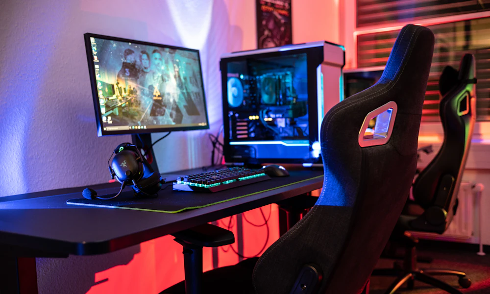 Desk and height-adjustable chair set up for a full workday, showing the kind of setup where chair height can be tuned to the desk