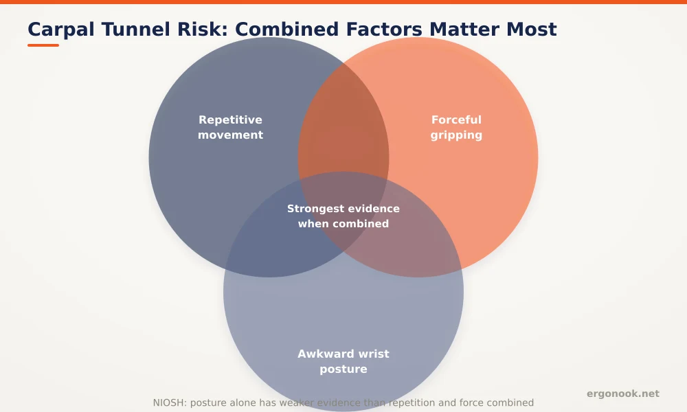 Venn diagram showing repetitive movement, forceful gripping, and awkward wrist posture, with the strongest carpal tunnel risk evidence where all three overlap