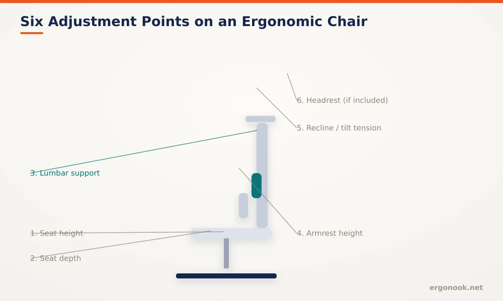 How to Adjust an Ergonomic Office Chair 3 Diagram of an office chair labeling six adjustment points: seat height, seat depth, lumbar support, armrest height, recline tilt tension, and headrest