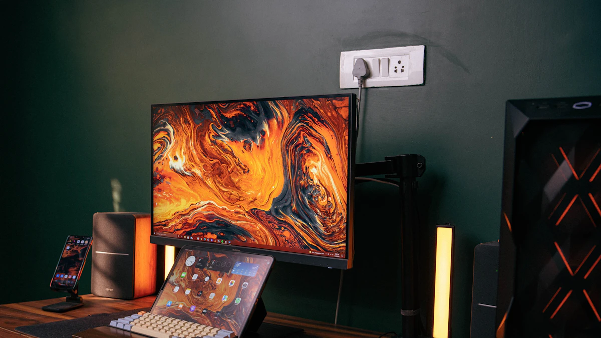 Desk with a laptop and a monitor set up together, the kind of combined load a desk converter weight rating needs to cover