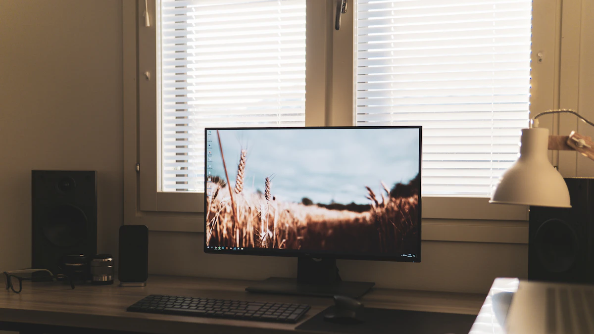 Minimalist wooden desk with a computer monitor, the kind of setup where a desk converter can wobble if overloaded or unstable