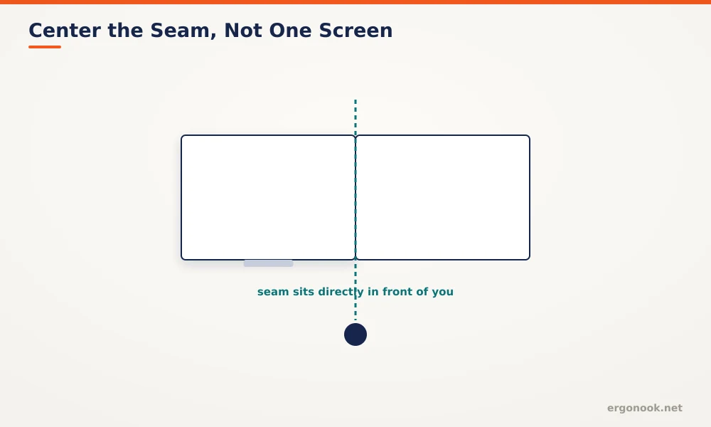 Diagram showing two monitors positioned so the seam between them, not the center of one screen, sits directly in front of the user