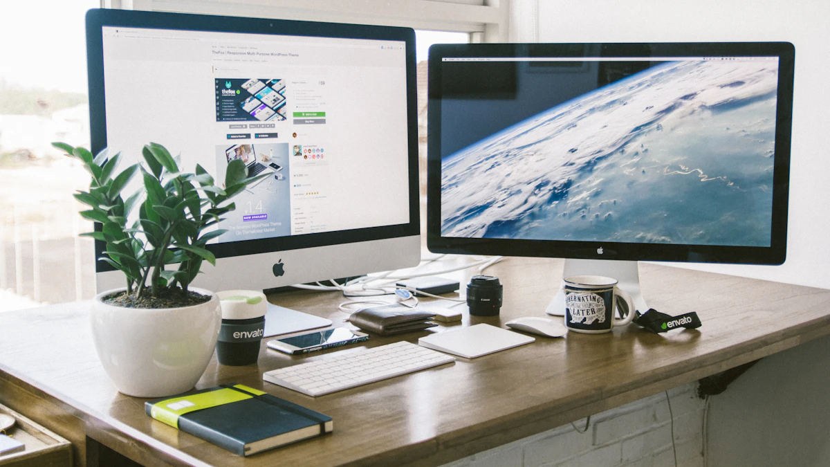 Dual monitor setup on a desk, the kind of load a standing desk converter weight rating needs to cover