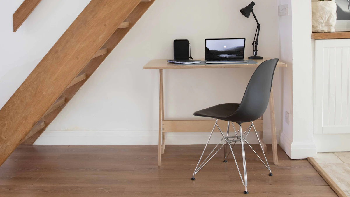 Keyboard Tray Knee Clearance: How to Measure Before You Buy 1 Compact desk with a chair positioned underneath, the kind of setup where a keyboard tray needs enough knee clearance to fit comfortably