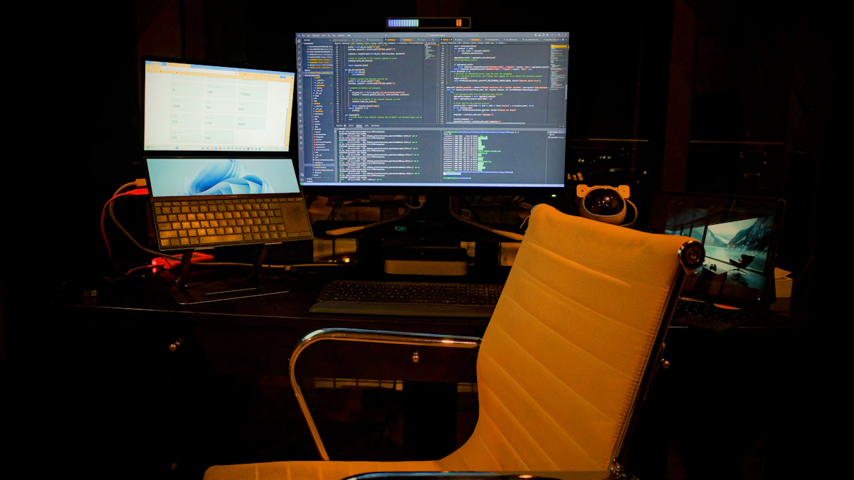 Desk with two external monitors and a laptop connected through a docking station