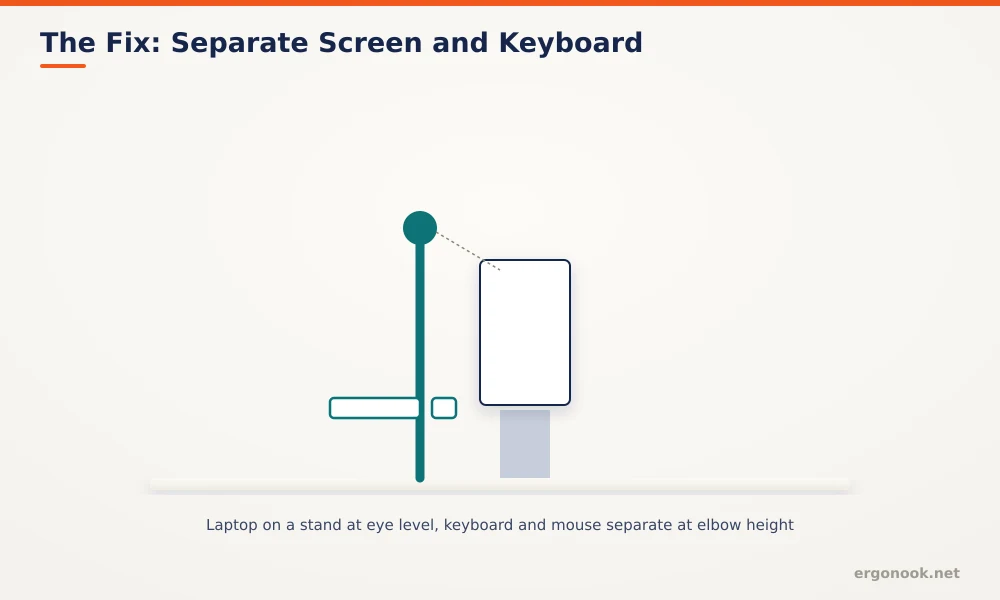 How to Set Up a Laptop for Ergonomics 4 Diagram showing a laptop raised on a stand to eye level with a separate external keyboard and mouse at elbow height on the desk