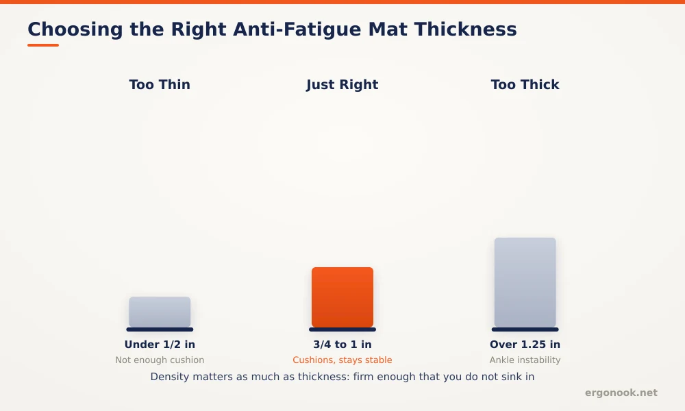 Diagram comparing anti-fatigue mat thickness options, showing too thin under half an inch, ideal three quarters to one inch, and too thick over one and a quarter inches