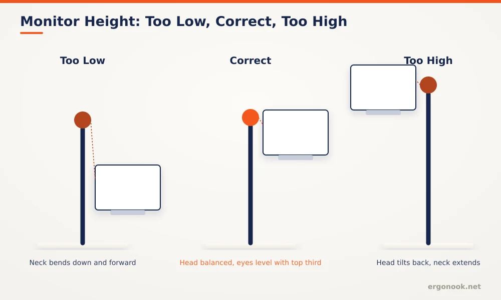 Three panel diagram comparing a monitor set too low forcing the neck to bend forward, correct height with head balanced, and too high causing the neck to tilt back