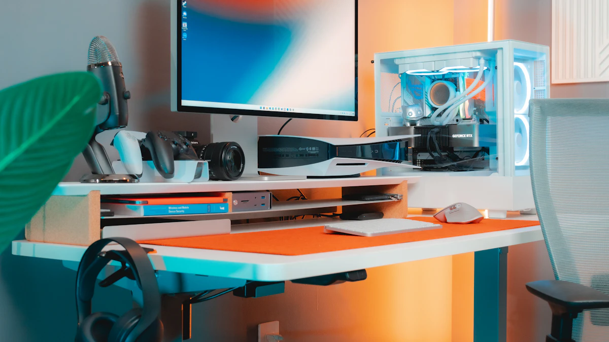 How to Manage Cables on a Monitor Arm 1 Desk with a computer monitor, keyboard, and mouse, the kind of setup where monitor arm cable routing matters