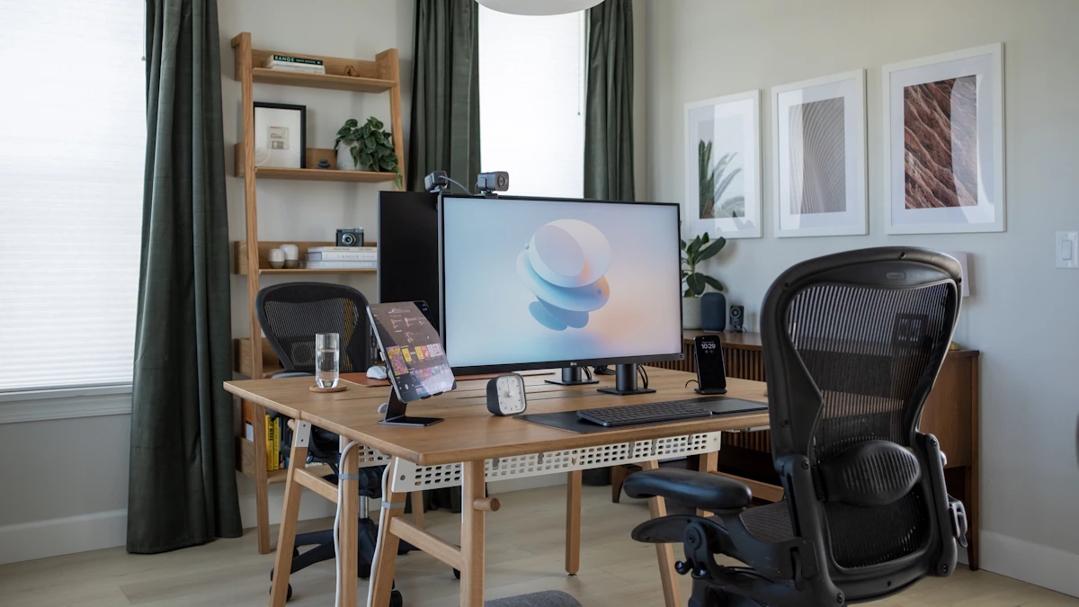 Modern black ergonomic office chair at a wood desk in a minimal home office
