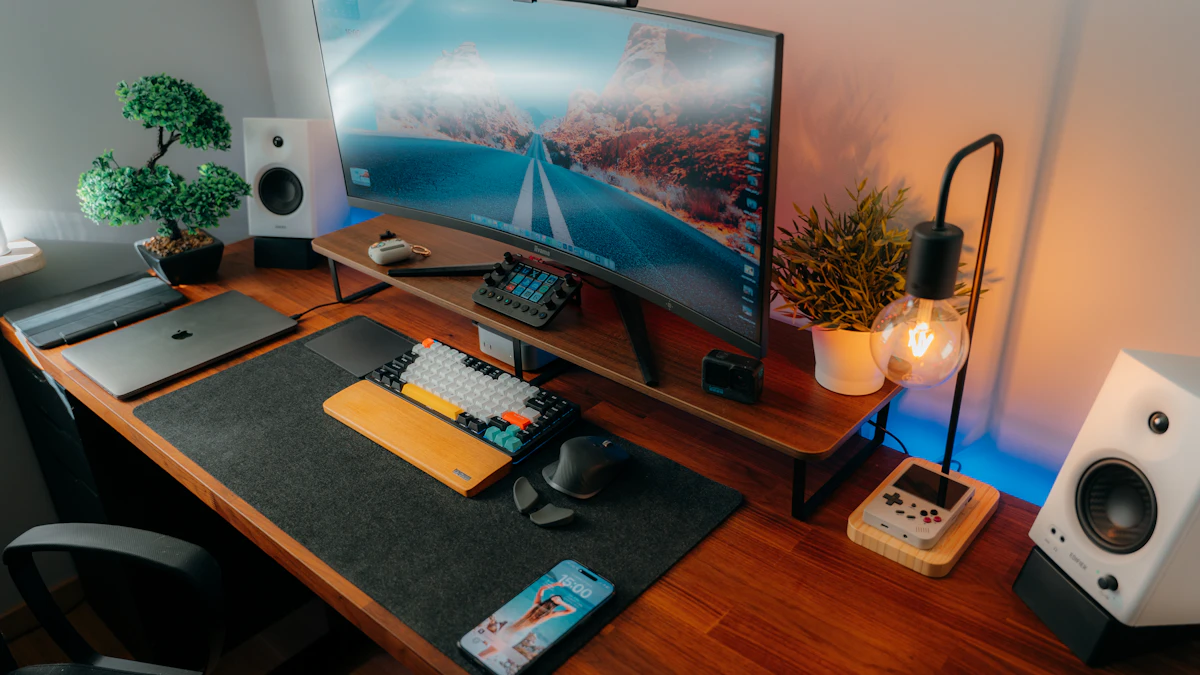 Modern organized home office desk setup with a monitor, keyboard, and accessories arranged neatly
