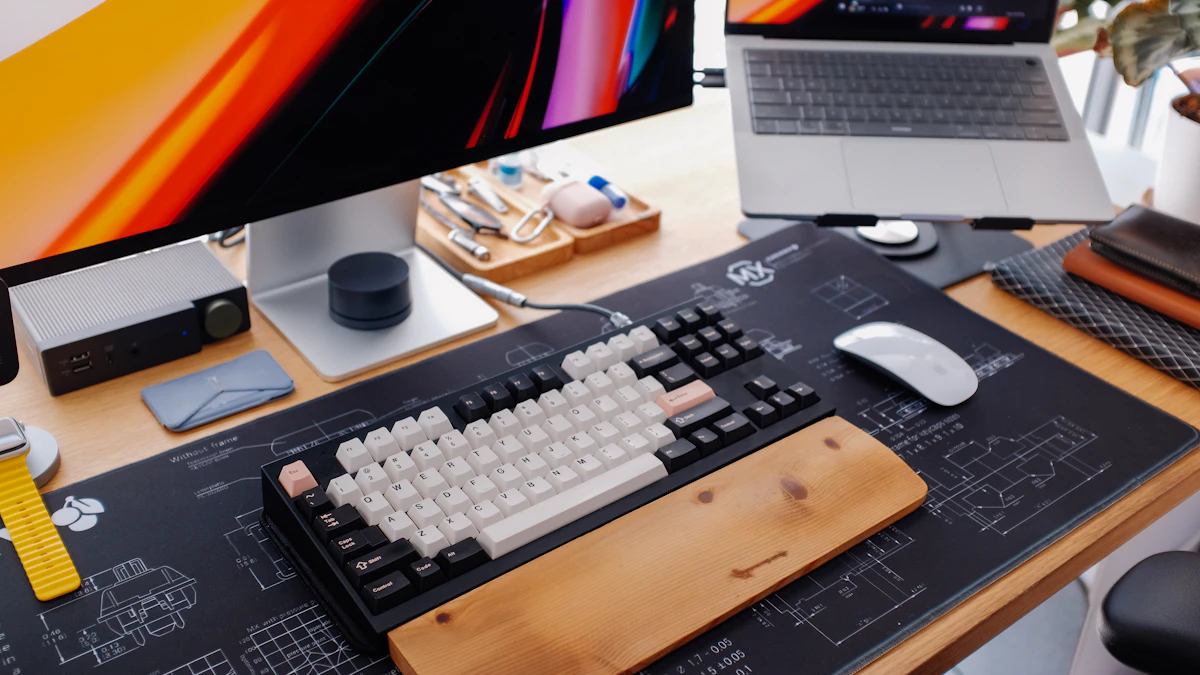 Modern desk setup with a single keyboard and monitor, a typical single monitor arm workspace