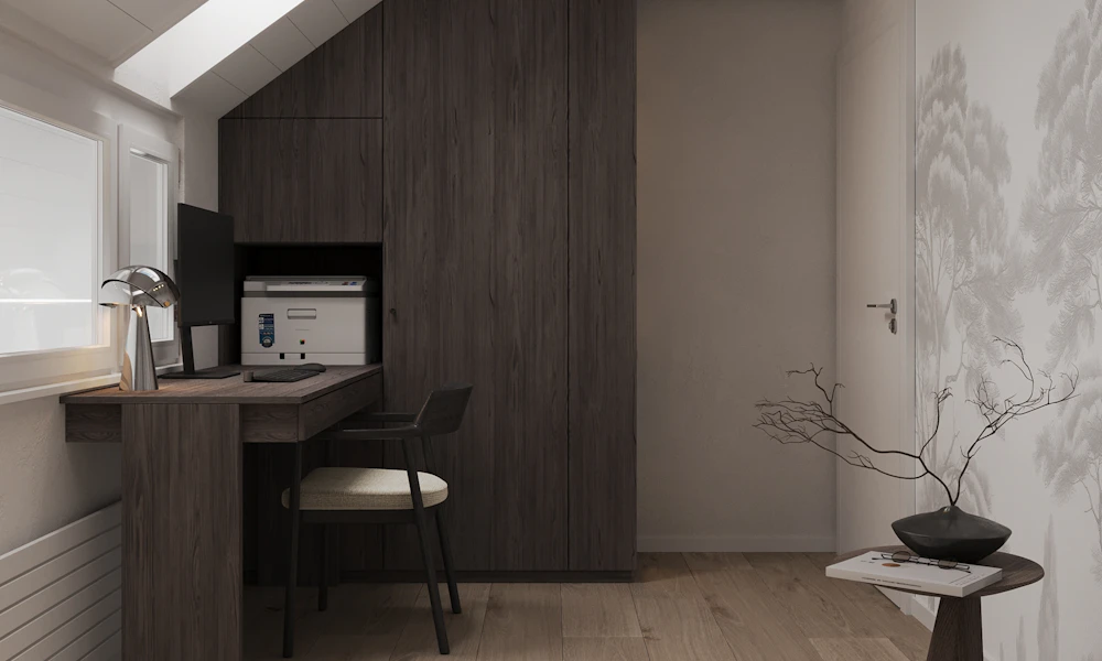 Minimalist small home office with a simple desk and chair in a compact room