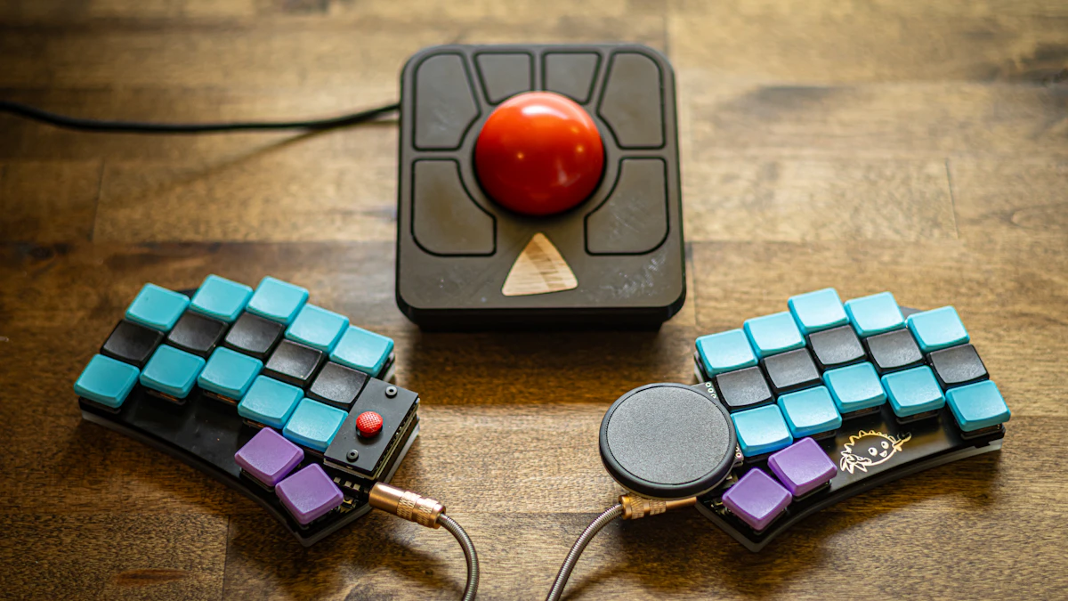 A fully split ergonomic keyboard and trackball on a desk, the kind of setup people switch to for wrist comfort